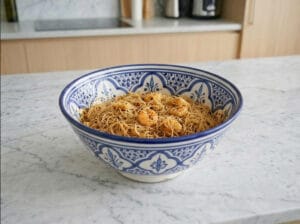 Mixing vermicelli, Chermoula, and shrimp