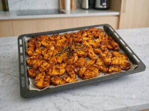A baking tray of seasoned roasted potatoes in the oven