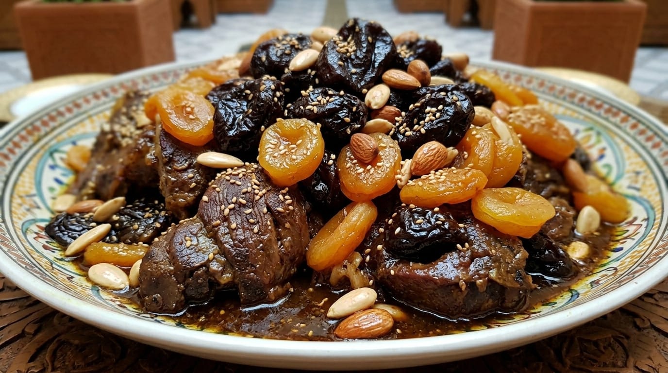 A close-up shot featuring lamb with prunes, almonds, apricots, and a rich, thick sauce