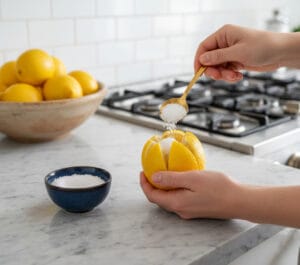 Fill the slits in the lemon with 1 tablespoon of salt