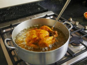 A pot of oil for frying the chicken