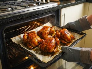 Greasing the chicken with oil and putting it in the oven to brown