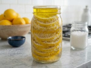 Lemon slices in a jar with salt water