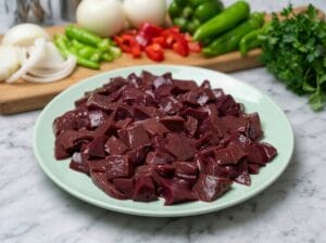Hands cutting raw beef liver into uniform cubes on a wooden cutting board