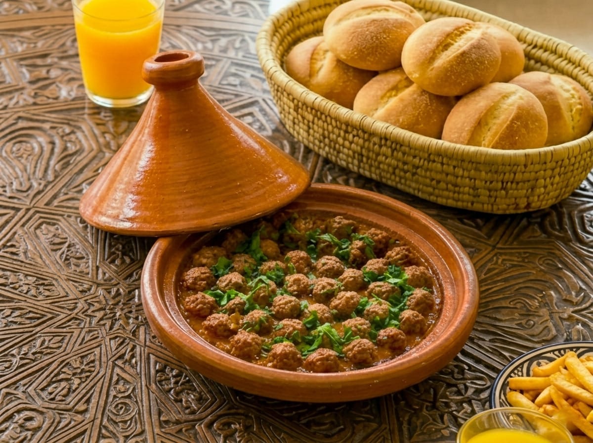 "A traditional Moroccan tagine with meatballs in a rich tomato sauce, served with a basket of small Moroccan bread