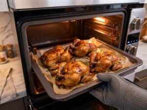 Four roasted chickens resting on baking paper in a baking tray