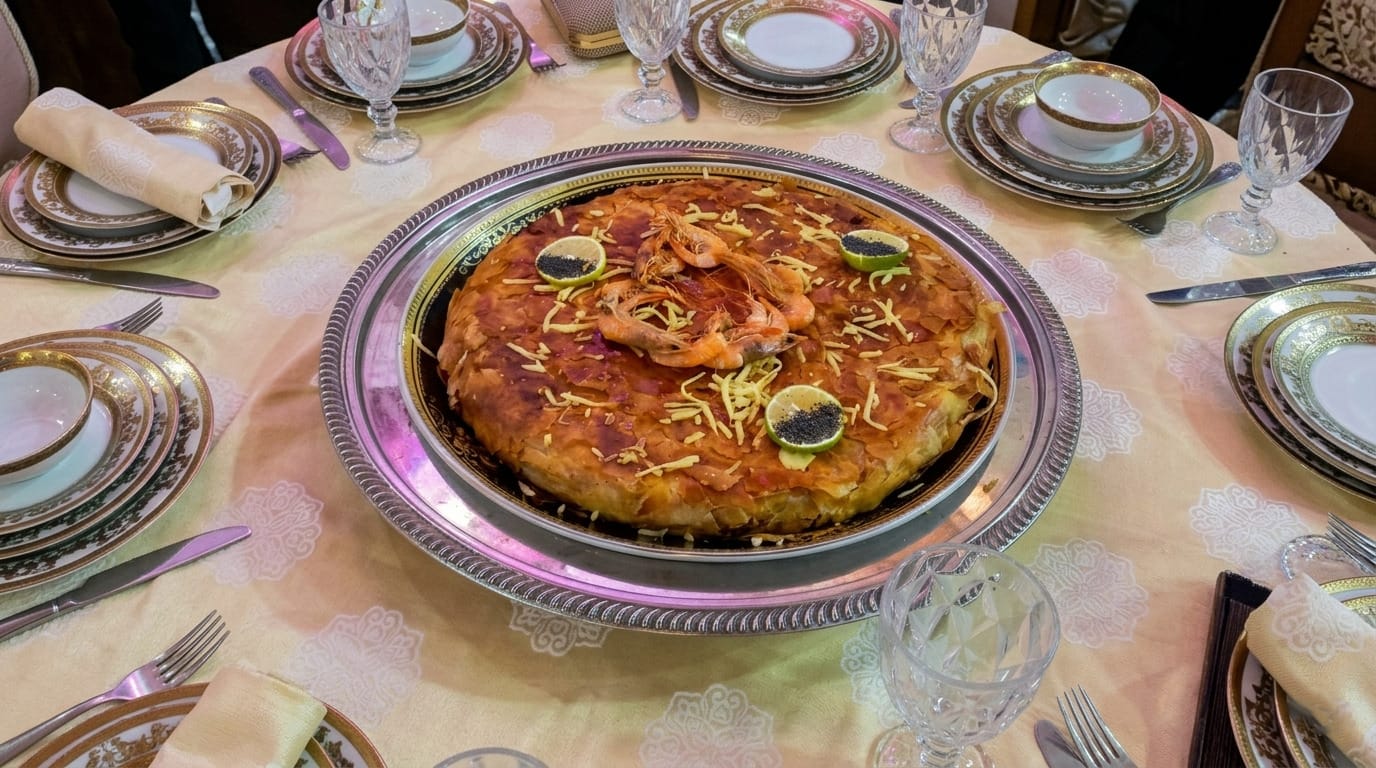 Moroccan seafood bastilla with Chinese vermicelli on a serving platter.