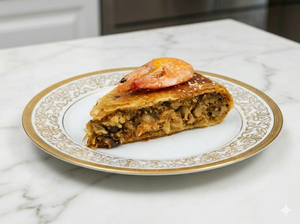 A white plate with a golden Moroccan pattern holding a triangular slice of Moroccan seafood bastilla