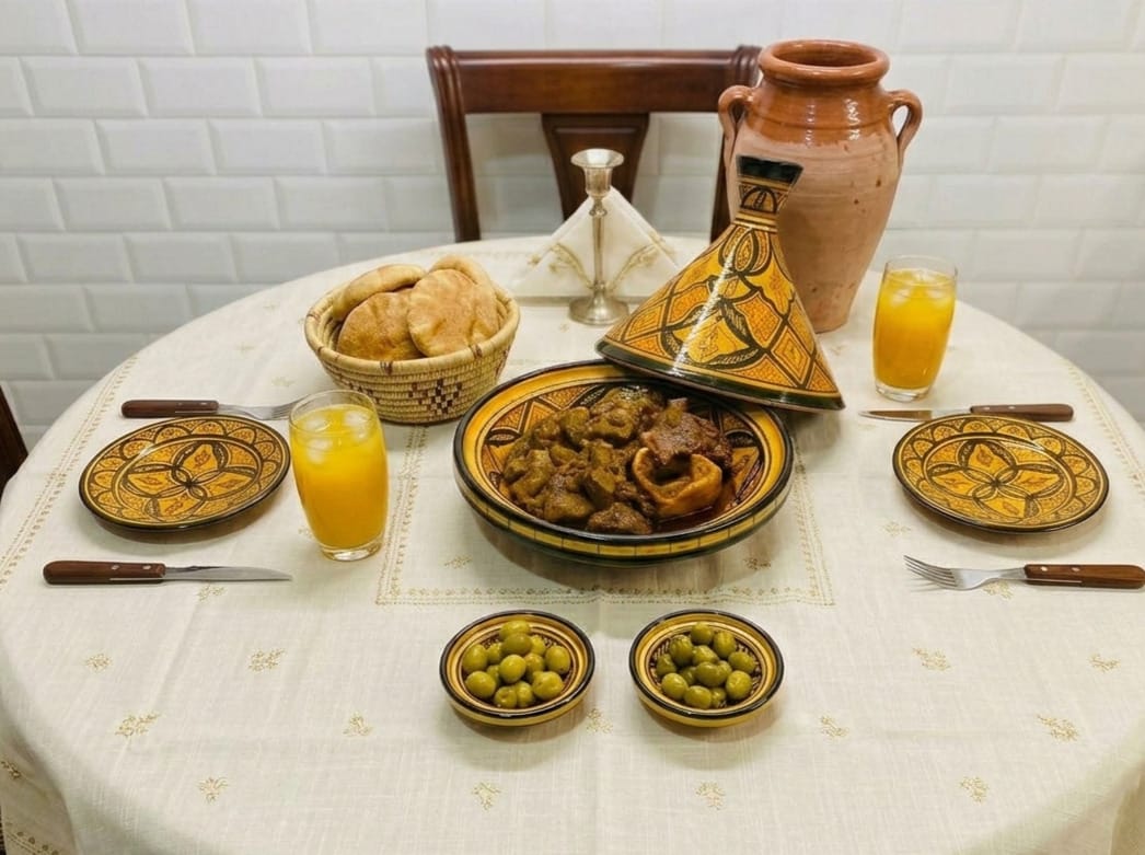 "Serving Tangia on a decorative yellow Moroccan-patterned platter, accompanied by small bowls of olives and a basket of fresh bread