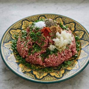 "A large yellow Moroccan-patterned platter featuring seasoned minced meat garnished with finely chopped parsley