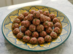 A large yellow Moroccan-style plate featuring spiced meatballs.