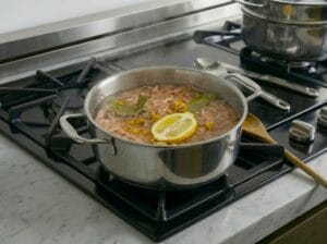Shrimp shells simmering in a stainless steel pot to make flavorful stock