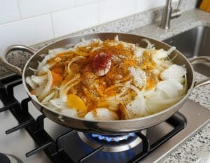 Sliced onions cooking in a pan with aromatic spices
