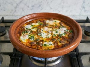 A traditional Moroccan tagine featuring meatballs, eggs