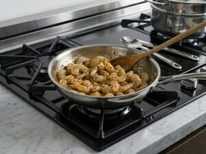 A frying pan containing sautéed shrimp cooked with Moroccan chermoula