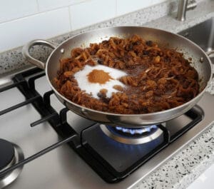 Caramelized onions cooked with sugar and cinnamon in a pan