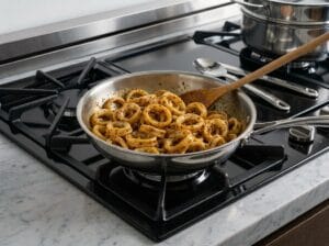 A frying pan containing sautéed calamari rings cooked with Moroccan chermoula