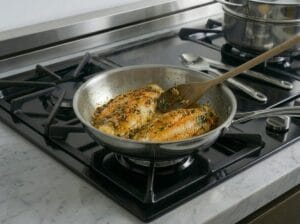 A frying pan containing fish fillets marinated and cooked with Moroccan chermoula