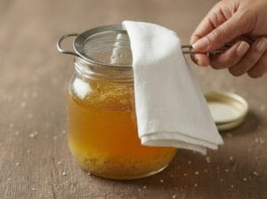 A jar of melted Smen (aged butter) covered with a fine mesh strainer and a kitchen cloth