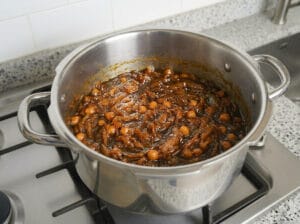 A pot of Tfaia, traditional Moroccan caramelized onions with raisins