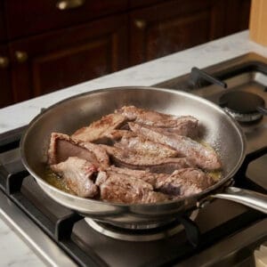 A pan with beef liver slices cooking in oil