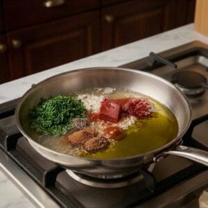 A pan with olive oil, aromatic spices, and finely chopped parsley
