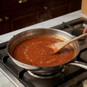 A pan of rich, cooked-down tomato sauce