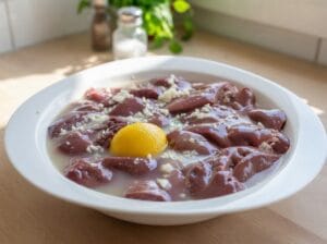 A white plate containing chicken liver soaked in lemon juice with garlic