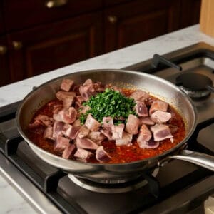 Diced liver simmering in a rich tomato sauce in a pan