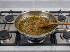 Moroccan Chermoula in a stainless steel skillet.