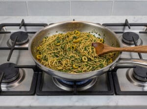 cooking the Chinese vermicelli in a pan with chermoula marinade