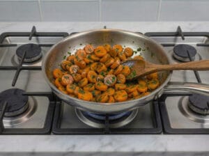 seasoning carrot rounds with Moroccan chermoula in a stainless steel pan