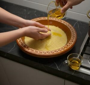 Coating couscous grains with oil by hand in a traditional Moroccan Gasaa