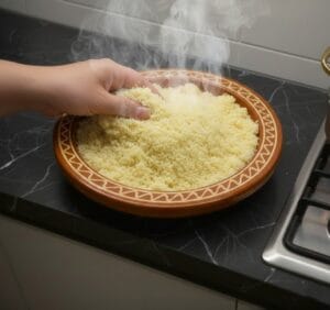 Hand-rolling the couscous grains, moistened with cold water