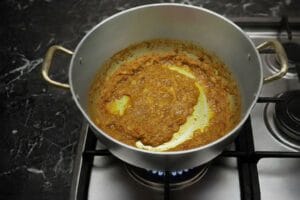 A pot of slowly reduced onion and tomato sauce, traditionally known as 'Daghmira