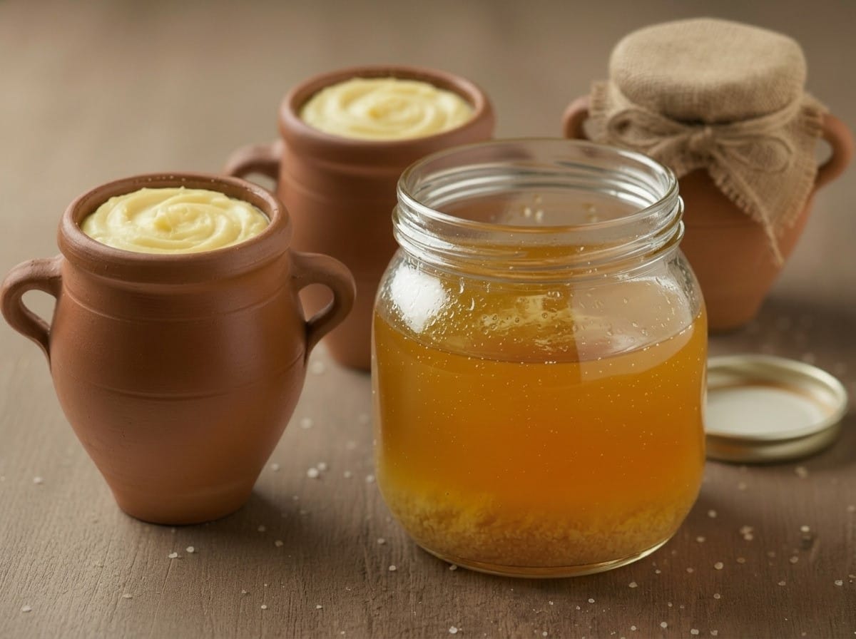 A traditional clay jar of Smen (aged butter) next to a glass jar of melted Smen