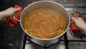 A pot of simmering couscous vegetable broth