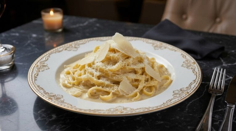 Classic fettuccine pasta dish topped with generous shaved Parmesan cheese