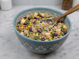 Wheat salad with sweet corn, red kidney beans, and peas
