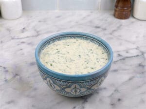 Mayonnaise sauce in a Moroccan-patterned bowl