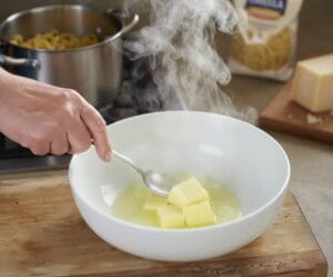 A large bowl of hot pasta cooking water mixed with melted butter