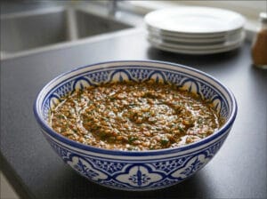 A Moroccan-patterned bowl of Moroccan chermoula.