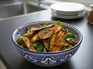 A large bowl of vegetables with Moroccan chermoula