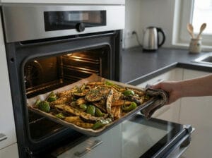 A tray of oven-roasted vegetables with Moroccan chermoula.