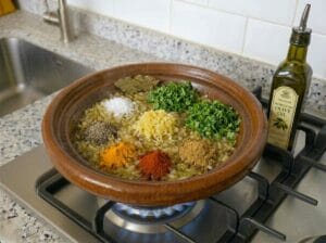 "A tagine base with finely chopped, golden caramelized onions seasoned with Moroccan chermoula