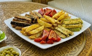 A plate of oven-roasted vegetables