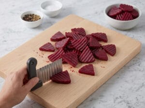Beetroot cut into decorative triangular pieces.