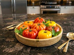 Heirloom tomatoes in a basket on a marble countertop