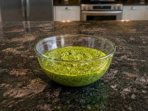 Pesto sauce in a glass bowl