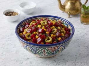 Cubed beetroot with parsley, sweet corn, and sliced green olives